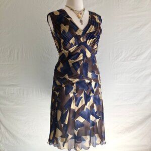 Vintage Jones New York Silk Midi Dress Abstract Pattern Navy Brown Plus Size 16